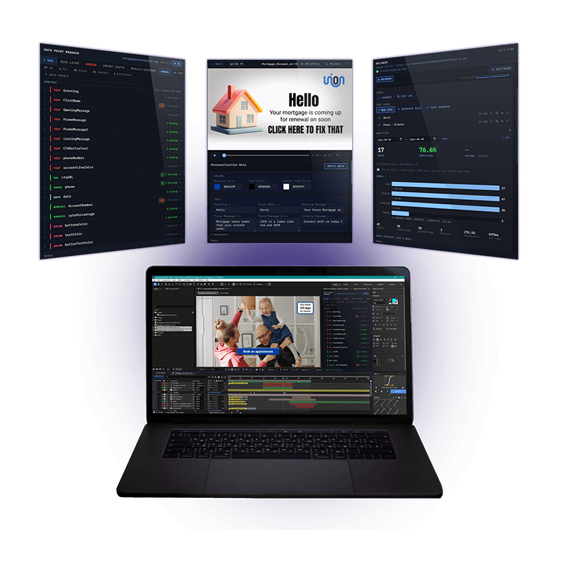 The Iris panels running inside After Effects: data point manager, render compiler, and delivery